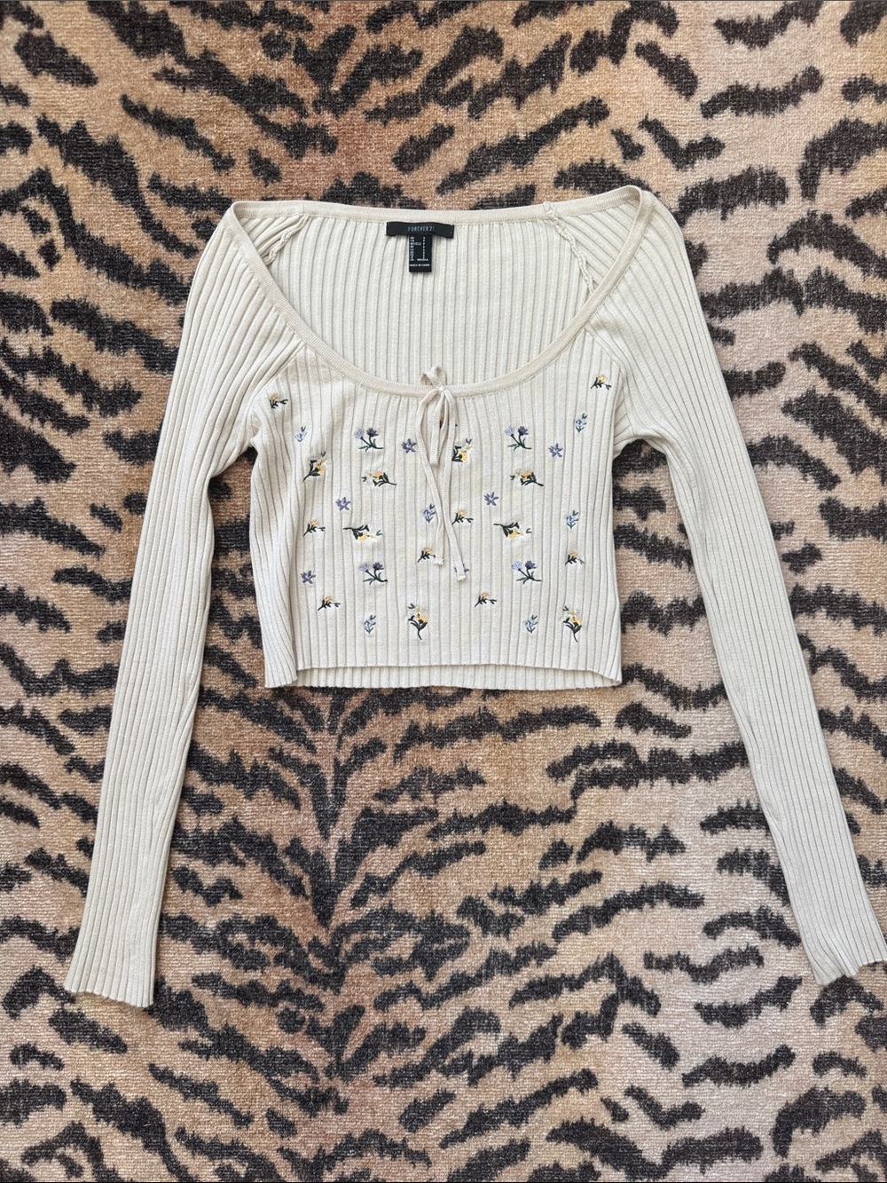Forever 21 Cream Ribbed Long-Sleeve Tie-Front Embroidered Crop Top